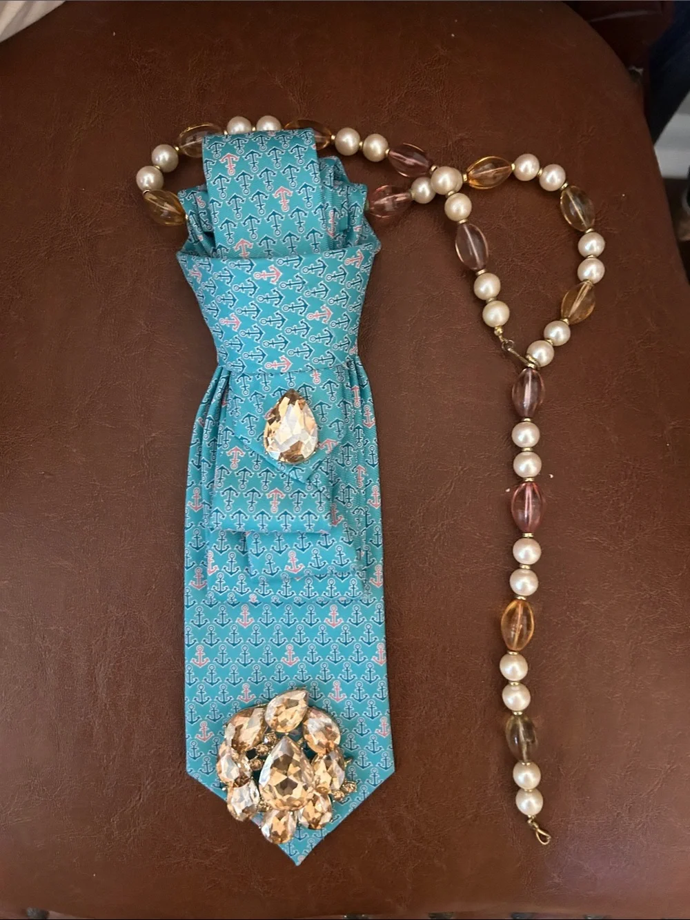 Turquoise Anchor Print Men's Tie with Crystal Accent